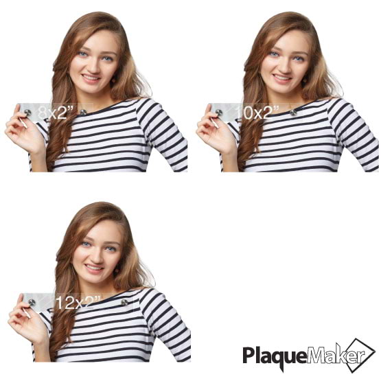 Size Guide With Happy Woman Showing Different Sizes Of Clear Acrylic Office Name Plate With Standoffs