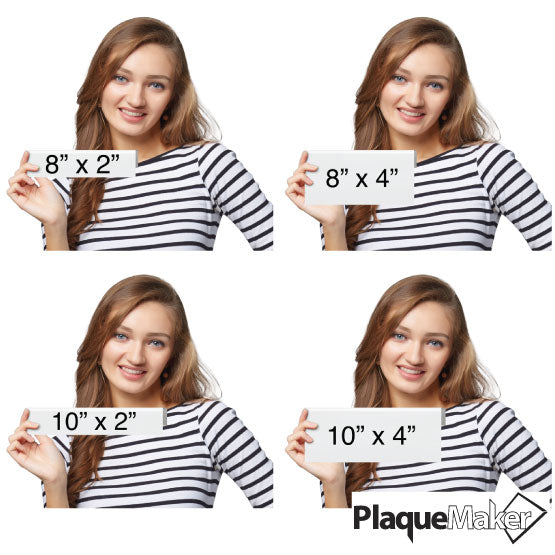 Size Guide Featuring 4 Available Cubicle Name Plates In White Aluminum.