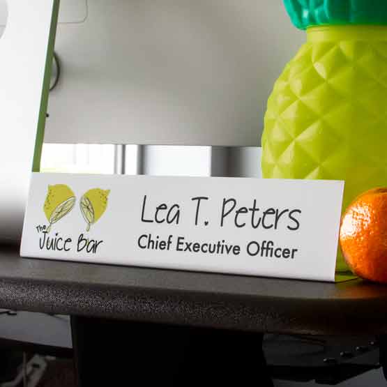 Custom Printed Freestanding Aluminum Office Plate With Logo On Desk.