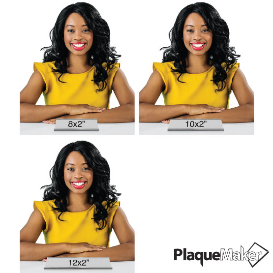 Size Guide Featuring 3 Available Sizes Of Custom Printed Aluminum Desk Name Plates.