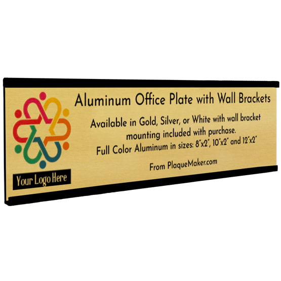 Gold Aluminum Office Plate With Black Mounting Bracket And Printed To Show Customization Options And Areas