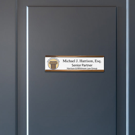 White Aluminum Office Plate Printed With Law Firm Logo And Lawyer Details Mounted On Office Wall Via Rose Gold Bracket