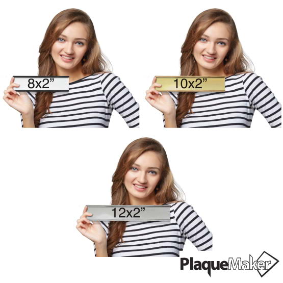 Size Guide With Woman Holding Three Sizes Of Aluminum Office Plate With Sample Colors And Brackets And Showing Measurements