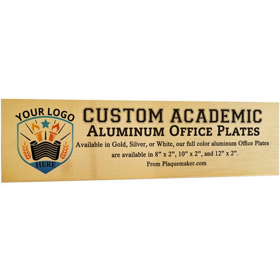 A rectangular gold aluminum metal name plate, set on a white background, featuring customizable printed text and placeholder artwork.