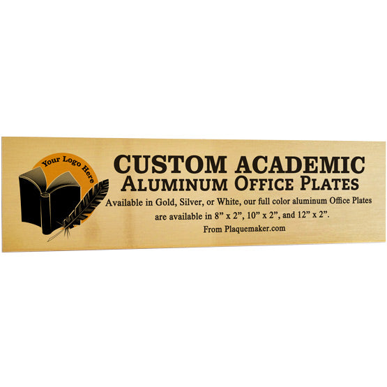 A rectangular gold aluminum metal name plate, set on a white background, featuring customizable printed text and placeholder artwork.