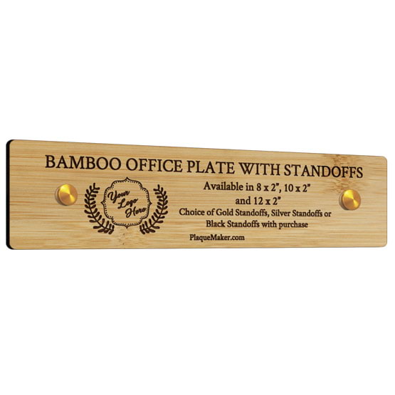 Custom Bamboo Office Name Plate With Two Gold Standoffs And Rounded Corners And Engraved To Show Customization Options