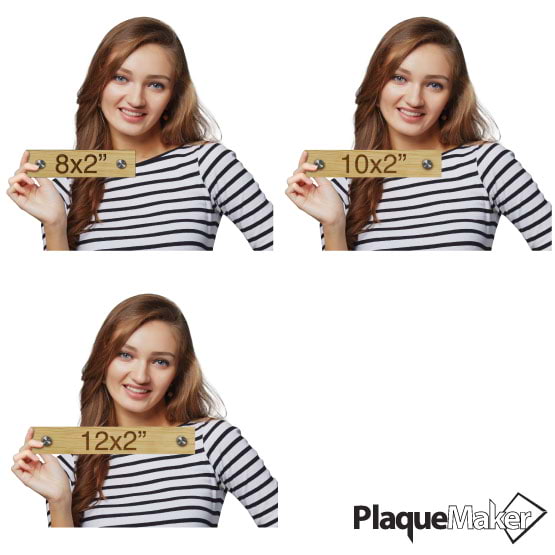 Size Guide With Happy Woman Showing Different Sizes Of Custom Bamboo Office Name Plate With Two Silver Standoffs