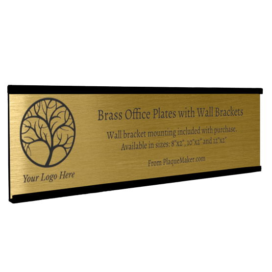 Brass Office Plate With Black Mounting Bracket And Laser Fused To Show Customization Options And Areas