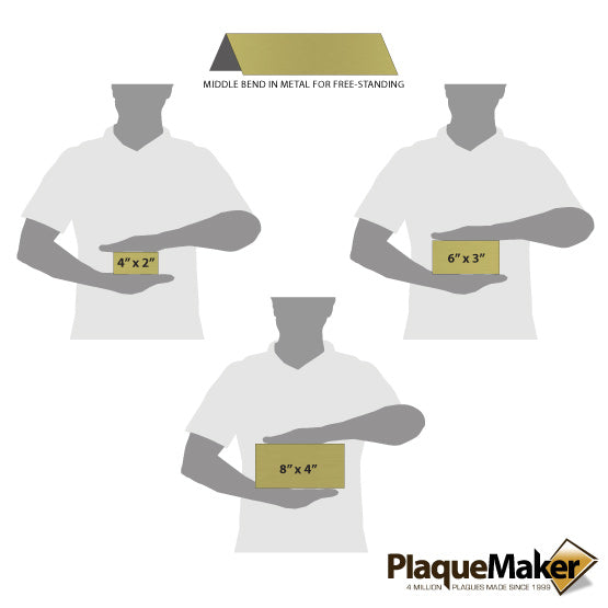 Size Guide Featuring 3 Available Sizes Of Brass Table Tent Name Plate.