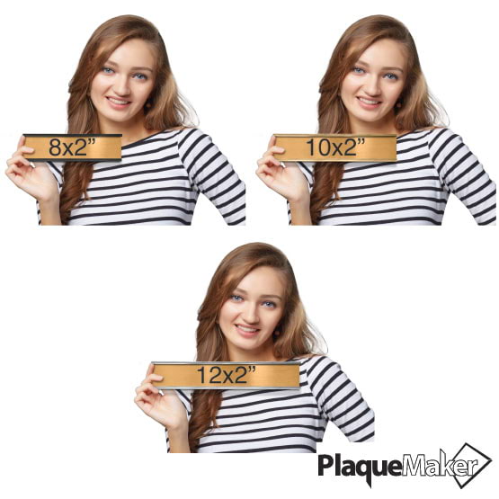 Size Guide With Woman Holding Different Sizes And Bracket Color Options For Bronze Office Name Plate And Showing Measurements