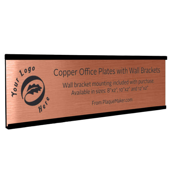 Copper Office Name Plate With Black Mounting Bracket And Laser Fused To Show Customization Options And Areas