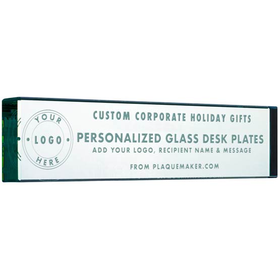 Custom Personalized Glass Desk Name Plate From PlaqueMaker.com For a Custom Corporate Holiday Gift.