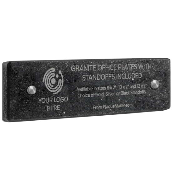 Granite Office Plate With Two Silver Mounting Standoffs And Laser Engraved To Show Customization Options And Areas