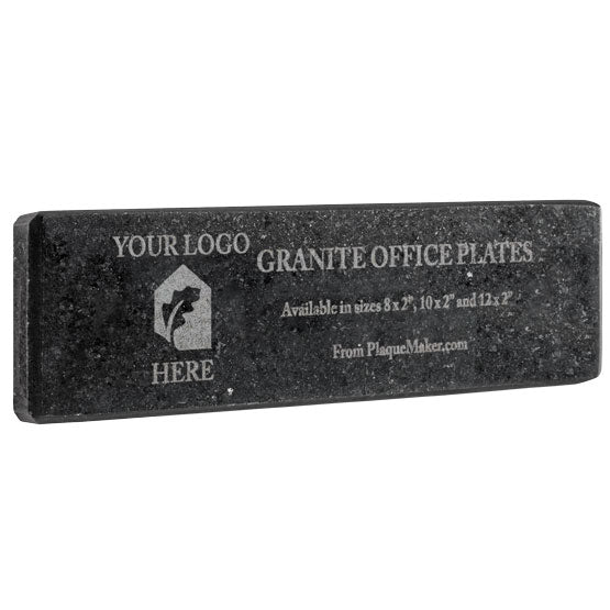 Granite Office Name Plate Laser Engraved To Show Customization Options And Areas For Sizes And Logo Against White Background