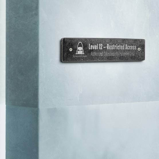 Granite Office Name Plate Engraved With Logo And Restricted Access Message Mounted On Wall Via Holes And Screws