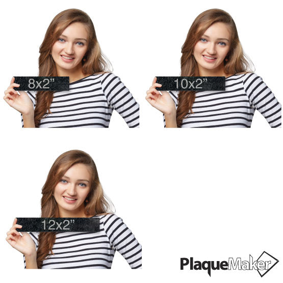 Size Guide With Happy Woman Holding 3 Different Sizes Of Custom Granite Office Name Plate And Showing Measurements
