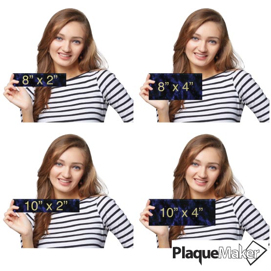 Size Guide Featuring 4 Available Sizes Of Laser Engraved Aluminum Cubicle Name Plates.