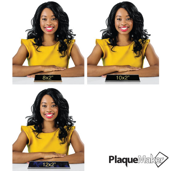 Size Guide Featuring 3 Available Sizes Of Laser Engraved Aluminum Desk Name Plates.