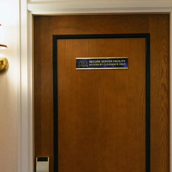 Blue Marble Metal Office Plate With Gold Engravings Of Logo And Server Room Details Mounted On Door Via Gold Bracket
