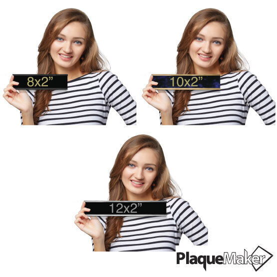 Size Guide With Woman Holding Different Sizes And Color Options For Laser Metal Office Plate With Mounting Bracket