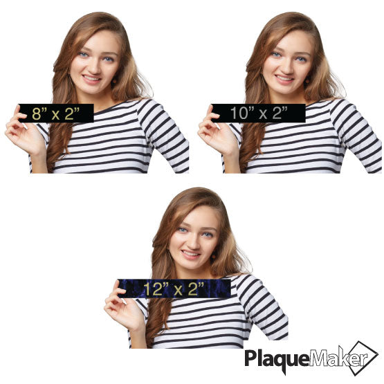 Size Guide Featuring 3 Available Sizes Of Laser Engraved Aluminum Office Name Plates.