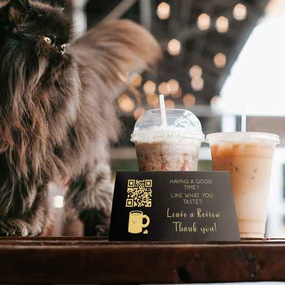 Laser Engraved Aluminum Table Tent With Review QR Code For Coffee Shop Near Iced Coffee.
