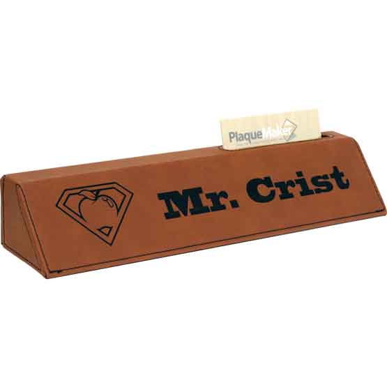 Rawhide Faux Leather Desk Wedge With Card Slot And Laser Engraved With Sample Logo And Name Against White Background