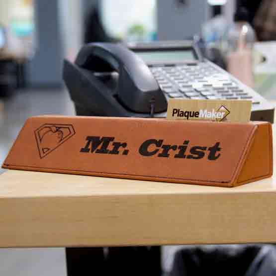 Rawhide Faux Leather Desk Wedge With Card Slot And Laser Engraved With Logo And Name On Office Desk With Phone
