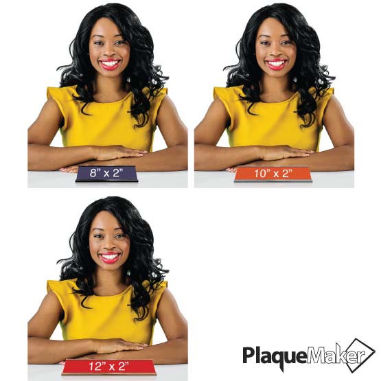 Size Guide Featuring 3 Available Sizes Of Plastic Desk Name Plates.