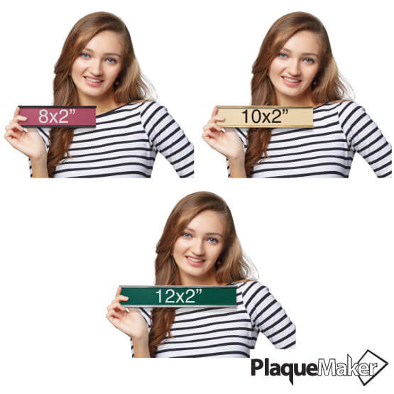 Size Guide With Woman Holding Different Sizes And Colors For Plastic Office Name Plate With Bracket And Showing Measurements