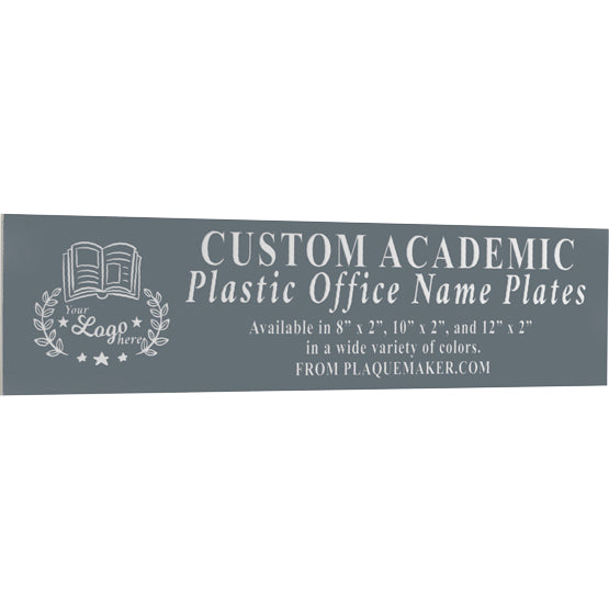 A smoke grey plastic office name plate shown at an angle with white customized engraved text and placeholder artwork, set on a white background.