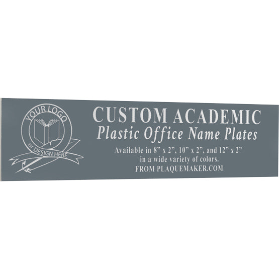 A smoke grey plastic office name plate shown at an angle with white customized engraved text and placeholder artwork, set on a white background.