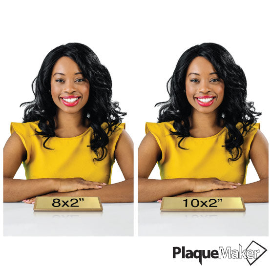 Size Guide With Happy Woman Sitting Behind Two Different Sizes Of Red Alder Desk Wedges With Gold Aluminum Plates