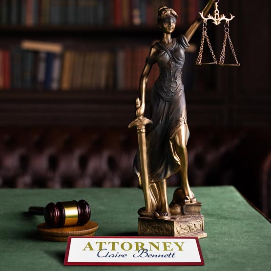 A custom 'Attorney' desk plate with the Statue of Lady Justice and a gavel on a green surface, with a blurred bookshelf in the background.