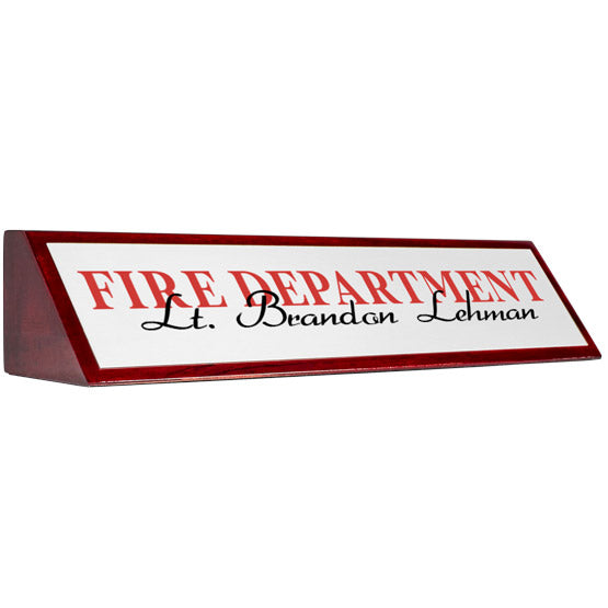 Rosewood Desk Wedge With Aluminum Plate Printed With Fire Department Lieutenant Brandon Lehman In Red And Black