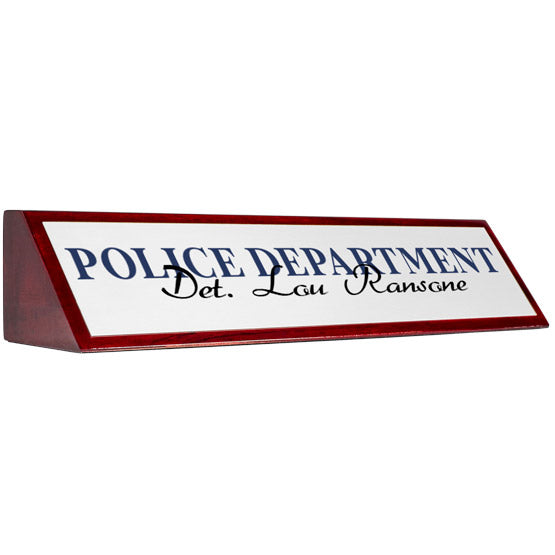 Rosewood Desk Wedge With White Aluminum Plate Printed With Police Department Detective Lou Ransone In Blue And Black