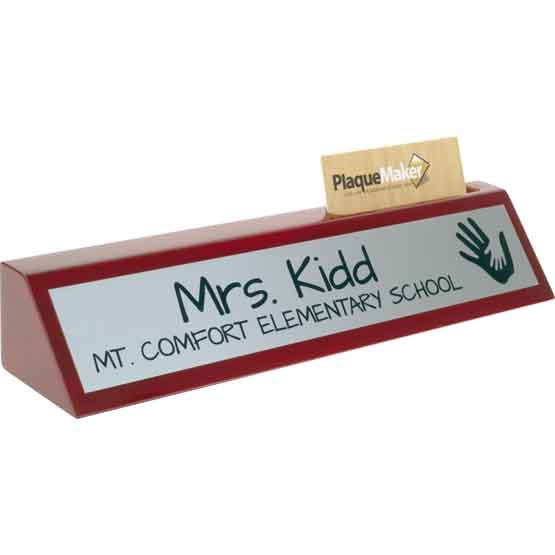 Rosewood Desk Wedge With Card Slot And Silver Aluminum Plate Printed With Teacher And School Details Against White Background