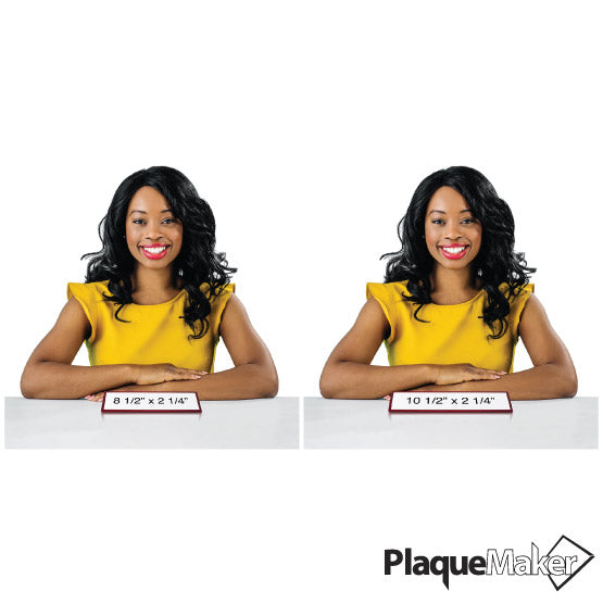 Size Guide With Happy Woman Sitting Behind Two Different Sizes Of Rosewood Desk Wedges With Card Slots And Aluminum Plates