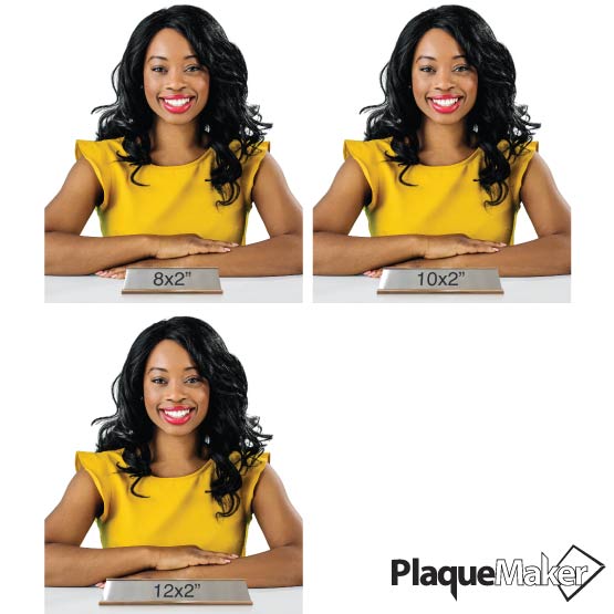 Size Guide Featuring 3 Available Sizes Of Stainless Steel Desk Name Plates.