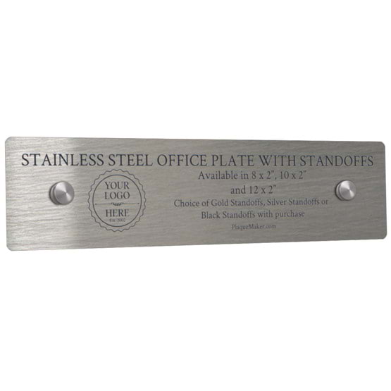Stainless Steel Office Plate With Silver Standoffs Laser Fused To Show Customization Options And Areas With White Background