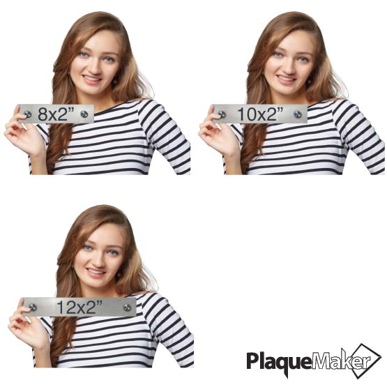 Size Guide With Woman Holding Three Different Sizes Of Stainless Steel Office Plate With Two Black Mounting Standoffs Each
