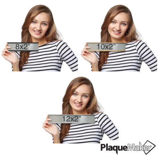 Size Guide With Woman Holding Different Sizes And Color Options For Stainless Steel Office Plate With Mounting Bracket
