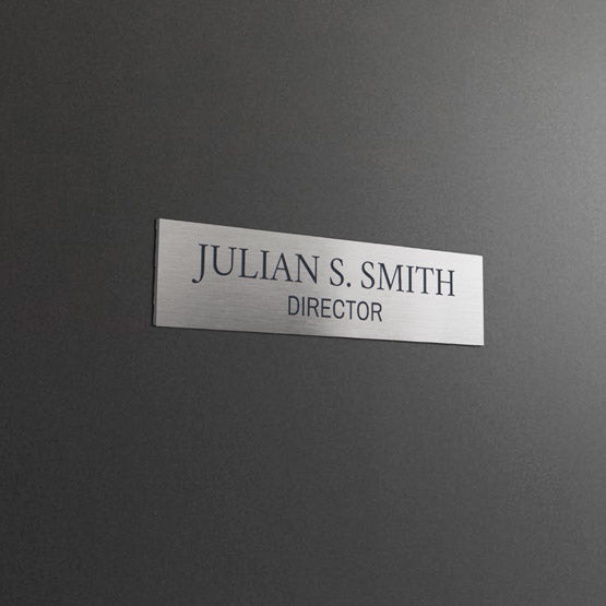 Custom Engraved Stainless Steel Office Name Plate Attached To Ajar Door. 