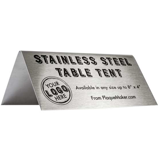 Custom Table Tent, Stainless Steel Name Tent - Up to 8x4". Engraved with your name, title, and logo.