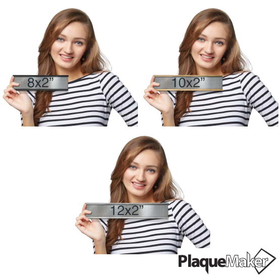 Size Guide With Woman Holding Different Sizes And Color Options For Titanium Office Plate With Mounting Bracket
