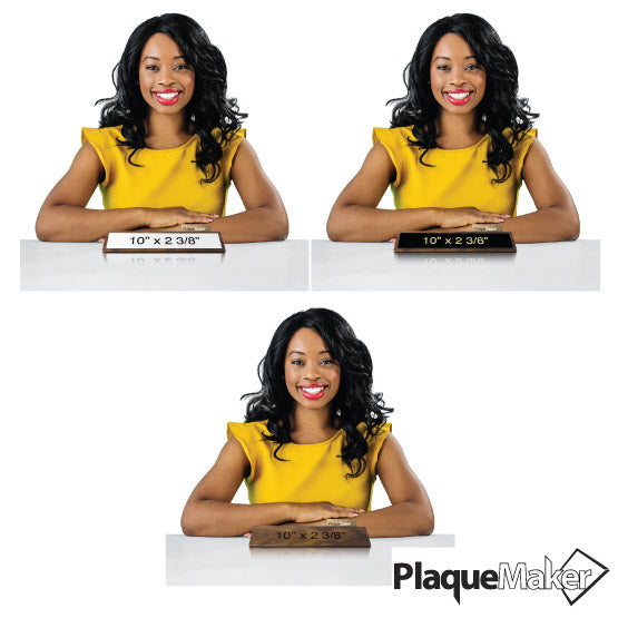 Size Guide With Happy Woman Sitting Behind Three Options For Walnut Desk Wedge With Card Slot With Plate Or Direct Engraving