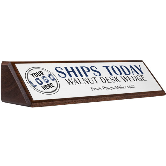 Same Day Walnut Desk Wedge With Silver Aluminum Plate Printed With Ships Today Text And Showing Customizable Areas