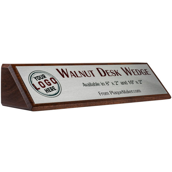 Walnut Desk Wedge With Silver Aluminum Plate Printed To Show Customizable Areas For Text And Art Against White Background