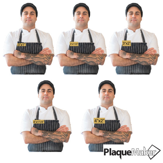 Size Guide With Man Wearing Apron And Different Sizes Of Gold Aluminum Tags Showing Measurements Against A White Background