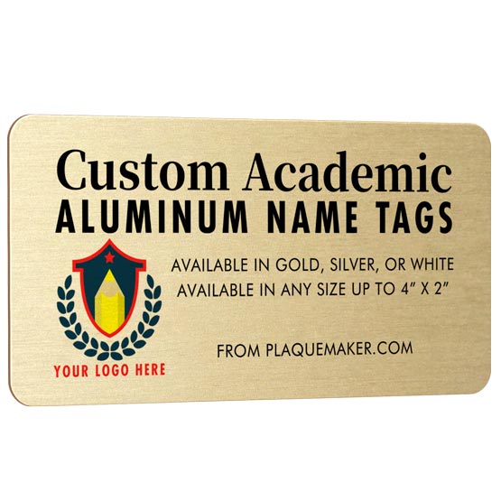 A rectangular gold aluminum metal name tag with rounded corners, set on a white background, featuring customizable printed text and placeholder artwork.